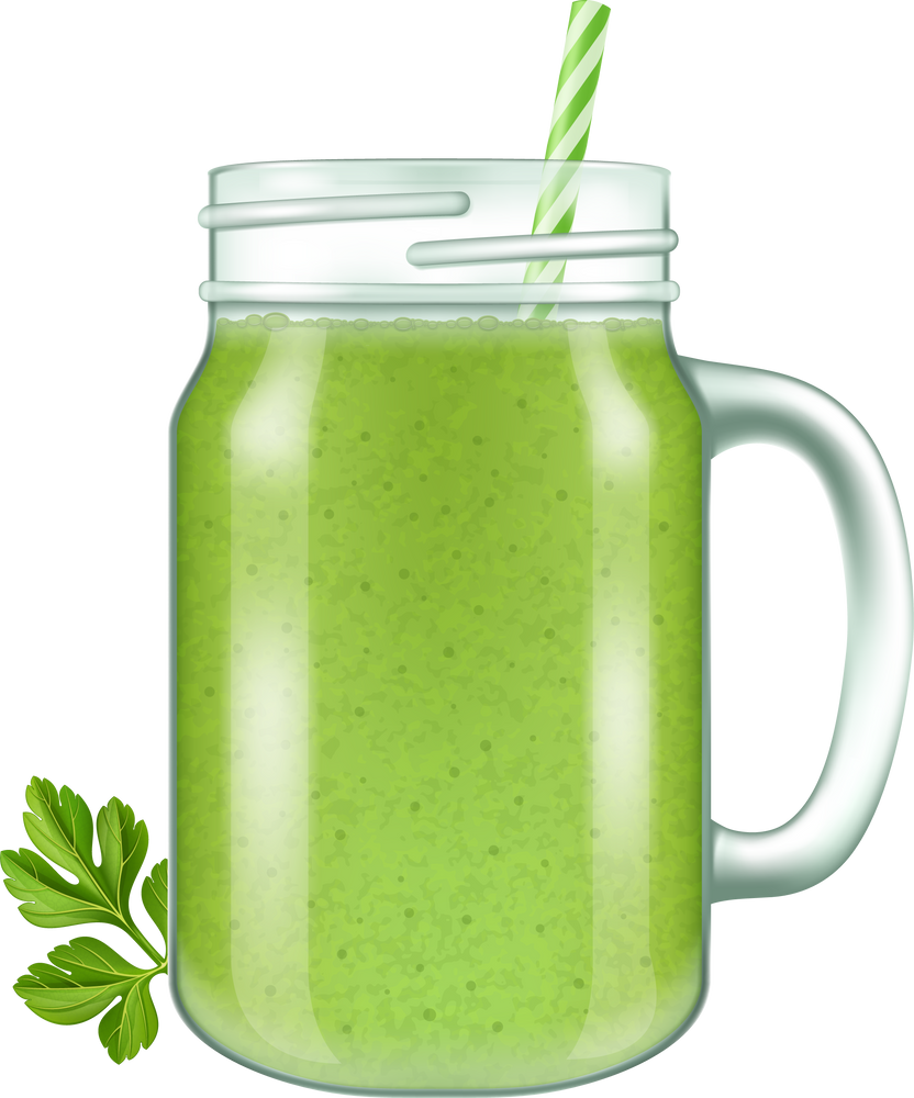 Raw fresh green vegetable smoothie in a mason jar mug